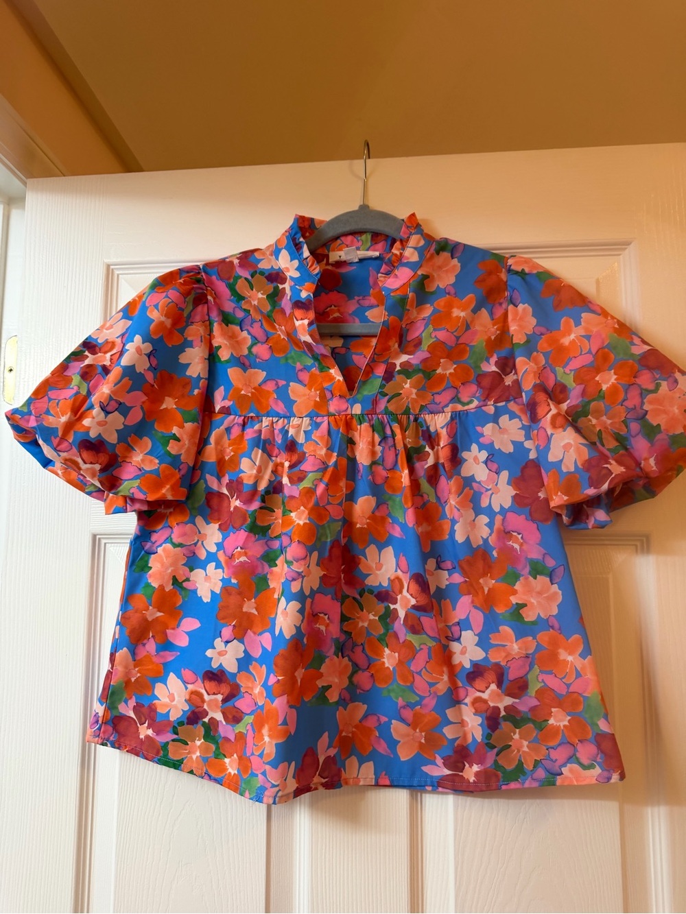 THML Bright Floral Poplin Top in Blue, Pink and Orange